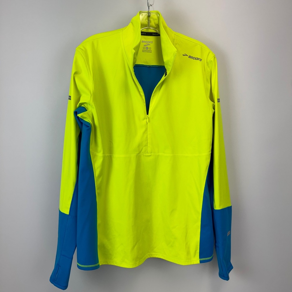 Brooks Dash 1/2 Zip Running Pullover Neon Yellow Blue Fleece Lined 221223 L - Picture 2 of 15